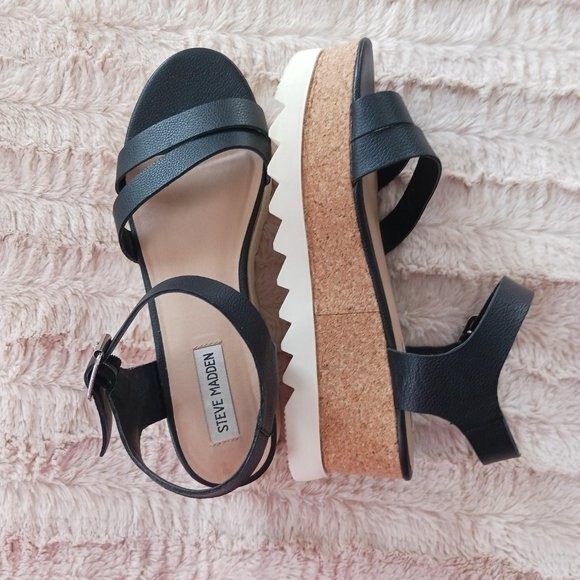 Steve Madden Platform Sandals Size 9.5M Black Leather Open Toe Chunky Strappy - Picture 1 of 7